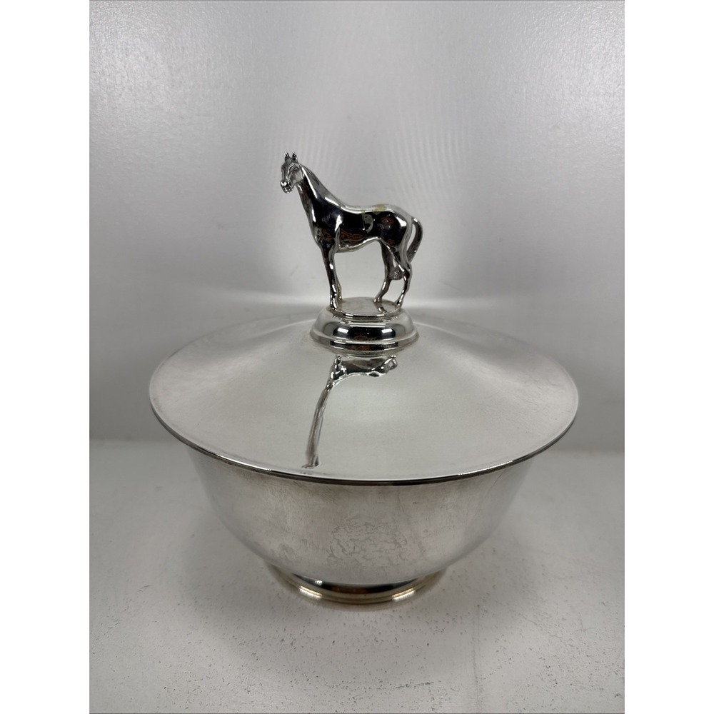 Authentic antique silver horse racing bowls Costume Horse On The Lid Unique.